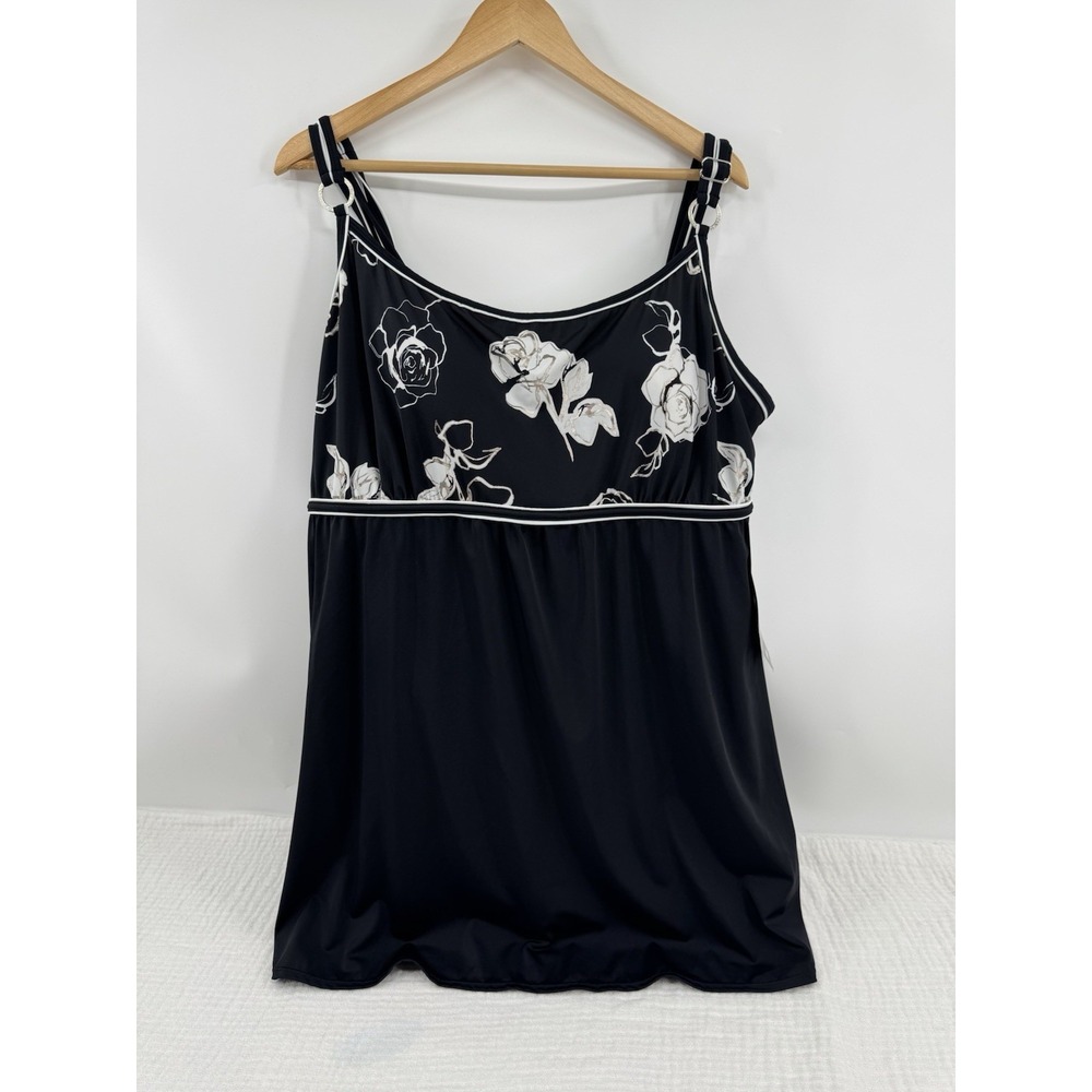 New Size 28 Avenue Women's One Piece Empire Bathing Suit Swim Dress Black Gold